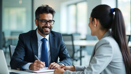 Indian HR Specialist Conducting a Recruitment Interview with a Candidate in a Professional Office Setting