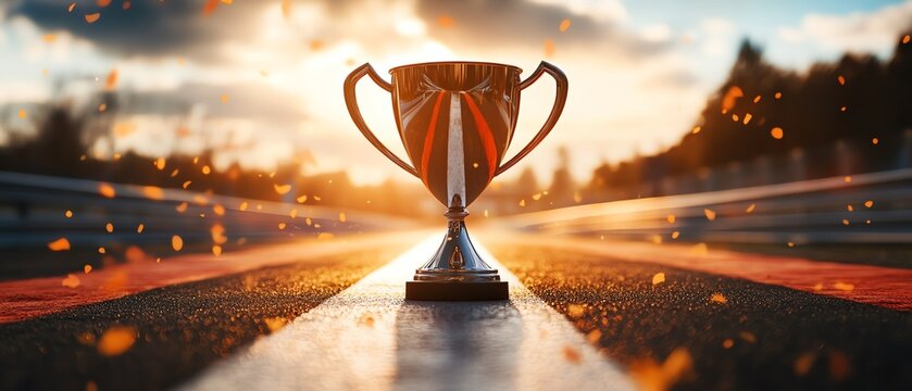 Shiny trophy on a racing track at sunset.