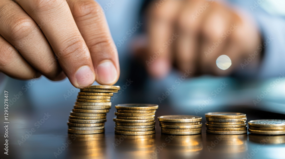 Wall mural Building stack of coins symbolizes financial growth and investment strategies