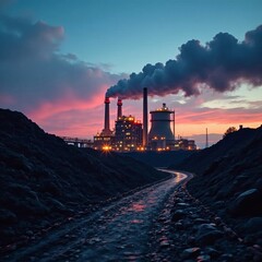 Fototapeta premium Dusk settles on coal plant, smokestacks billow, conveyors rumble , background, smoke, industry