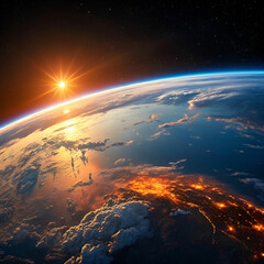 A sunrise view from Earth orbit, with the atmosphere glowing in shades of blue and orange.