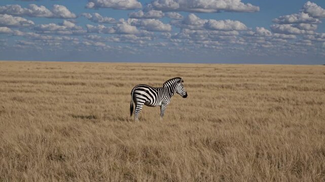 Wild Zebra Standing Still in Natural Savannah Habitat, Fixed Camera Wildlife Footage, Striped Animal Close-Up, African Safari Scene, Serene Nature Documentary Video, Exotic Mammal Portrait Background