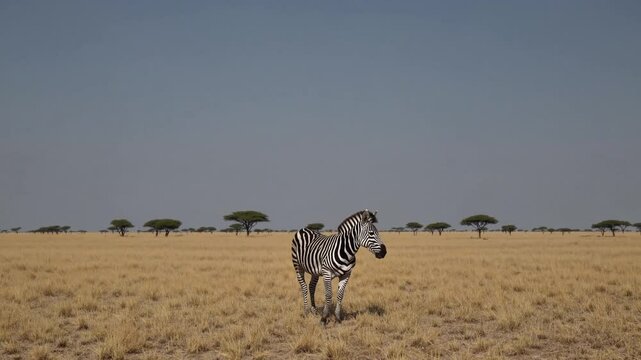 Wild Zebra Standing Still in Natural Savannah Habitat, Fixed Camera Wildlife Footage, Striped Animal Close-Up, African Safari Scene, Serene Nature Documentary Video, Exotic Mammal Portrait Background