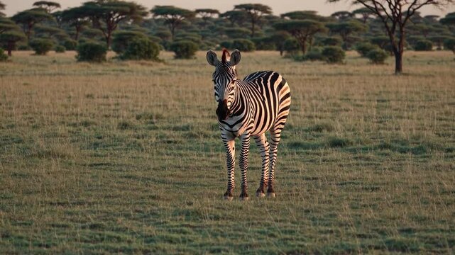 Wild Zebra Standing Still in Natural Savannah Habitat, Fixed Camera Wildlife Footage, Striped Animal Close-Up, African Safari Scene, Serene Nature Documentary Video, Exotic Mammal Portrait Background