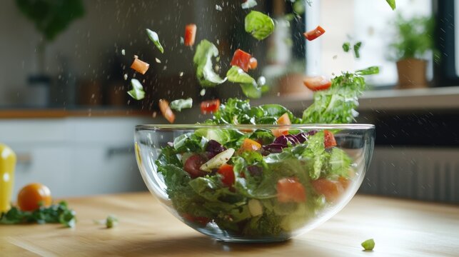 Fresh vegetables cascading into a salad bowl, embodying simplicity and health.
