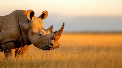 Obraz premium Majestic rhinoceros standing in golden grassland during sunset, showcasing wildlife serenity