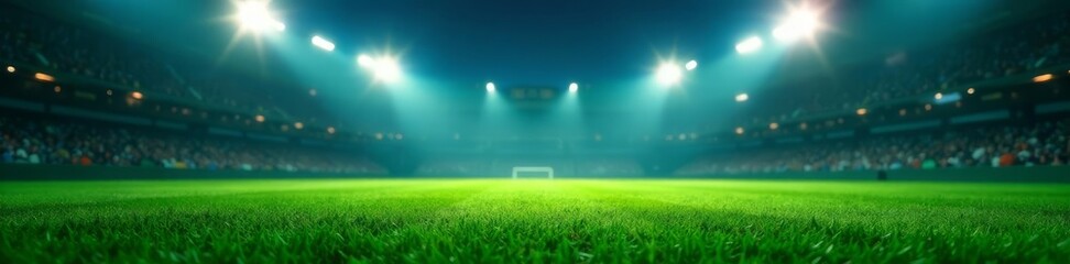 Obraz premium Lush green soccer pitch illuminated by bright floodlights , sports field, football stadium, playing field