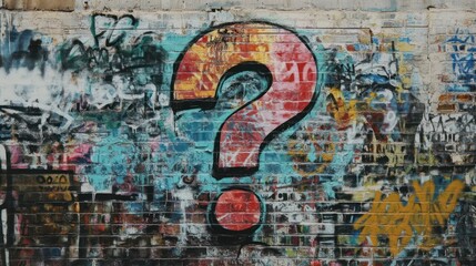 Obraz premium A Large Question Mark on a Colorful Graffiti-Covered Brick Wall