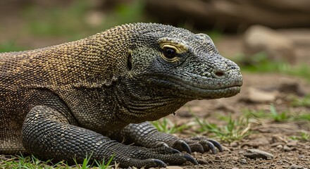 Obraz premium Close-Up Portrait of a Komodo Dragon Resting on Green Grass