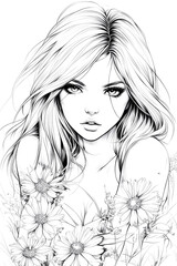 Fototapeta premium A woman with long blonde hair is drawing flowers. The flowers are in the background and the woman is the main focus of the drawing. The drawing has a calm and peaceful mood