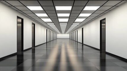 Fototapeta premium Modern corridor with multiple doors, bright lighting, and sleek flooring, creating a spacious atmosphere