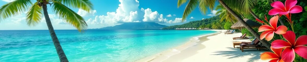 Fototapeta premium Serene Bora Bora beach, vibrant tropical flowers, turquoise water , artwork, blue