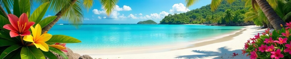 Fototapeta premium Serene Bora Bora beach, vibrant tropical flowers, turquoise water , beach, digital painting