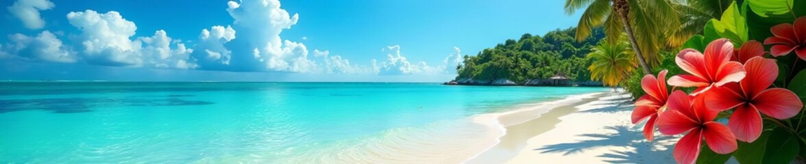 Serene Bora Bora beach, vibrant tropical flowers, turquoise water ,  island,  summer,  green