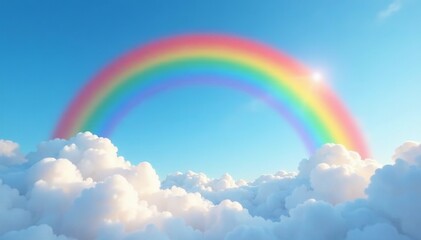 Colorful rainbow arching over fluffy white clouds in clear blue sky, sky, vector © DITSARAPHAN