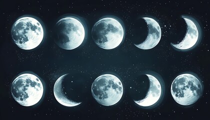Naklejka premium Moon phases, night sky, celestial, cycle