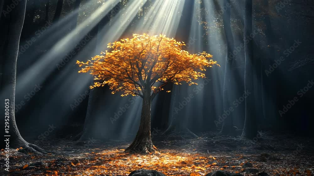 Poster sunlight filters through trees illuminating a solitary orange-leaved tree in a dense forest at dusk