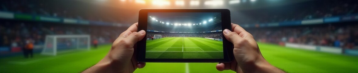 Fototapeta premium Two hands hold tablet showing football game, stadium visible, sport, football