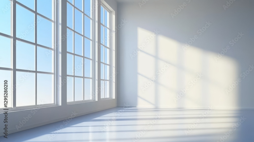 Poster bright and airy empty room with large windows casting shadows on the floor
