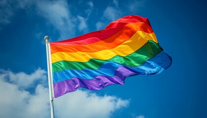 A rainbow flag waving proudly against a blue sky background