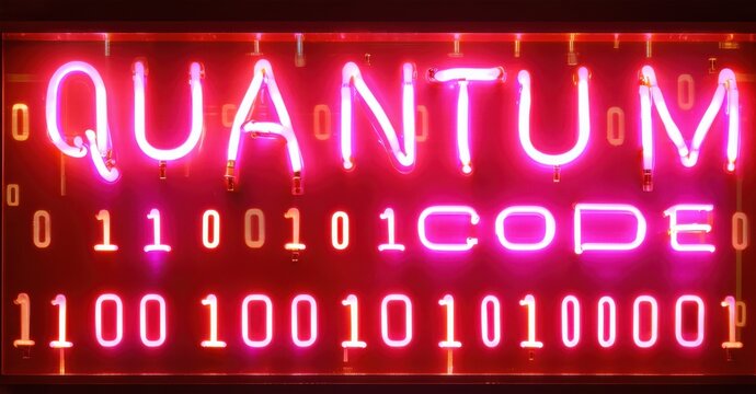 Neon sign quantum code flowing binary digits glowing circuit patterns fueled energy wave bright colorful realistic photo