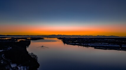 Delta BC Canada - February 11th 2025: Sunset at Deas Island Regional Park waterfront 