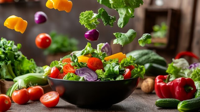 Fresh vegetables cascading into a salad bowl, embodying simplicity and health.
