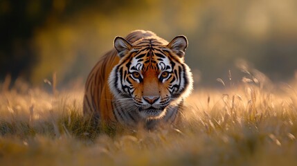 Majestic tiger prowling through golden grasslands at dawn, showcasing its vibrant fur and fierce gaze