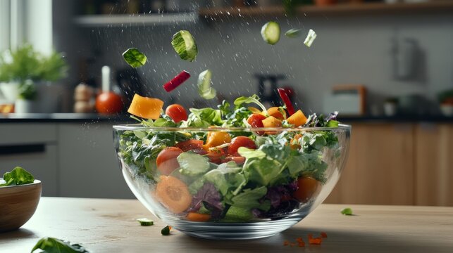 Fresh vegetables cascading into a salad bowl, embodying simplicity and health.
