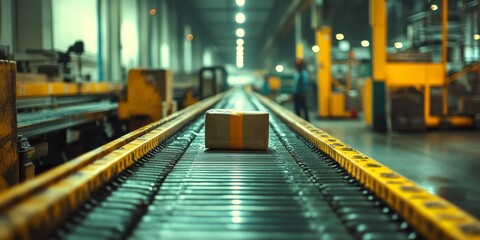 Fototapeta premium Cardboard box moving on conveyor belt in distribution warehouse