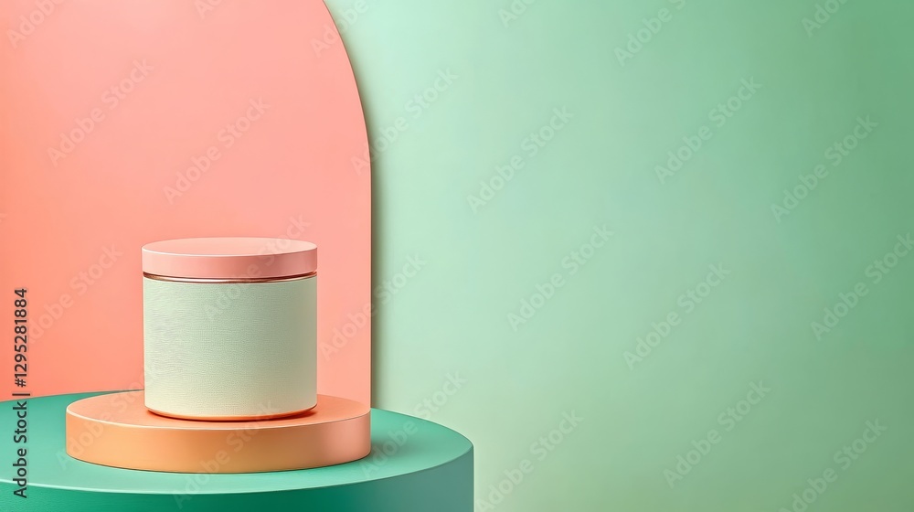 Poster minimalist product display featuring a cream jar on colorful geometric podiums in a soft backdrop