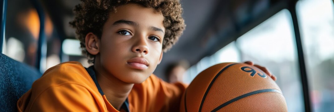 A Thoughtful Young African American Boy Holding a Basketball While Riding on a Bus, Capturing His Passion for the Game and Reflective Nature During a Journey.
