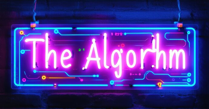 Neon sign algorithm cascading code glowing futuristic lines soft ai powered aura bright colorful realistic photo