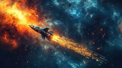 A rocket blasting off into space, leaving a trail of golden blockchain codes, symbolizing the fusion of technology and space exploration. 