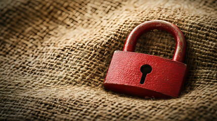 Fototapeta premium Close-Up of Red Lock on Burlap Fabric