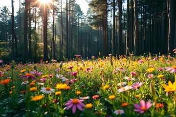 Obraz premium vibrant wildflower meadow in a sunlit forest during springtime