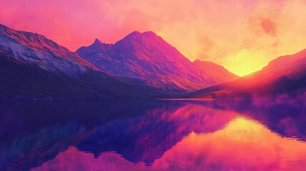 Obraz premium Vibrant sunset over majestic mountains, reflecting in a still lake. Ideal for travel, nature, or serenity themes, evokes peace and tranquility.