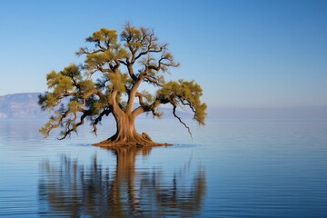 beautiful solitary tree surrounded by calm water on a peaceful lake