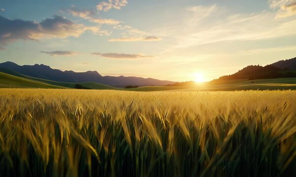 Golden wheat field under a beautiful sunset with mountains in the background, showcasing nature's tranquil beauty. cinematic scene.