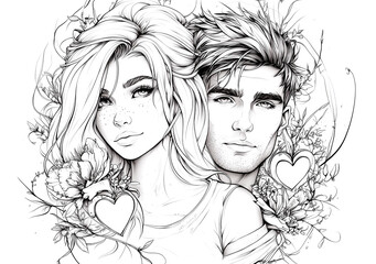 Fototapeta premium A coloring page of an attractive couple with beautiful hair, surrounded by flowers and hearts. Clean line art style, no shading, highly detailed sketchy drawing.