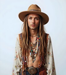 isolated hippie 1970s wearing a hat and vintage clothing man, male, 