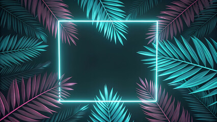 Close-up of a single orange Bird of Paradise flower, Illuminated Palm trees on the dark sky, Bright monstera tropical leaves illuminated, plant with shadow and sunlight
