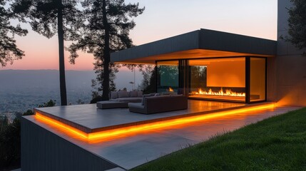 Modern patio with fireplace, sunset views