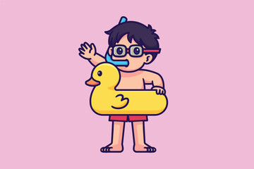 Cute kid wearing lifebuoy cartoon illustration