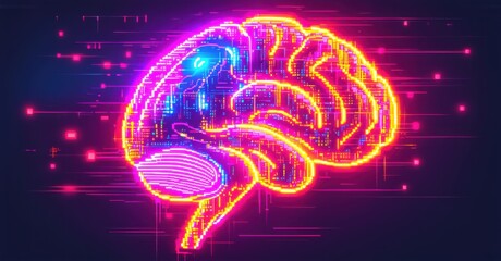 Neon sign cybernetic consciousness robotic brain forming glitchy digital patterns bright colorful realistic photo