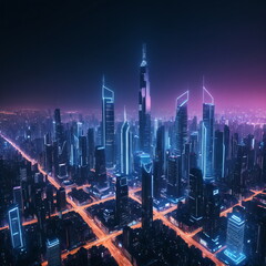 Fototapeta premium Futuristic Cyberpunk Cityscape with Neon Skyline, Glowing Skyscrapers, High-Tech Urban Environment, Sci-Fi Metropolis, Night Lights, Ultra-High Resolution Artwork