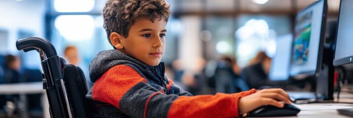 Young Boy with Brown Hair Using a Computer in a Classroom Setting: Engaged in Learning and Utilizing Technology