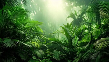 Obraz premium Verdant Jungle Mist – A rich blend of emerald greens and tropical colors, veiled in soft, dreamy haze.