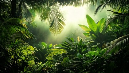 Obraz premium Exotic Green Haven – A flourishing tropical paradise with a hazy, golden mist drifting through the leaves.
