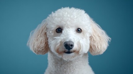 A fluffy white dog staring directly at the camera on blue